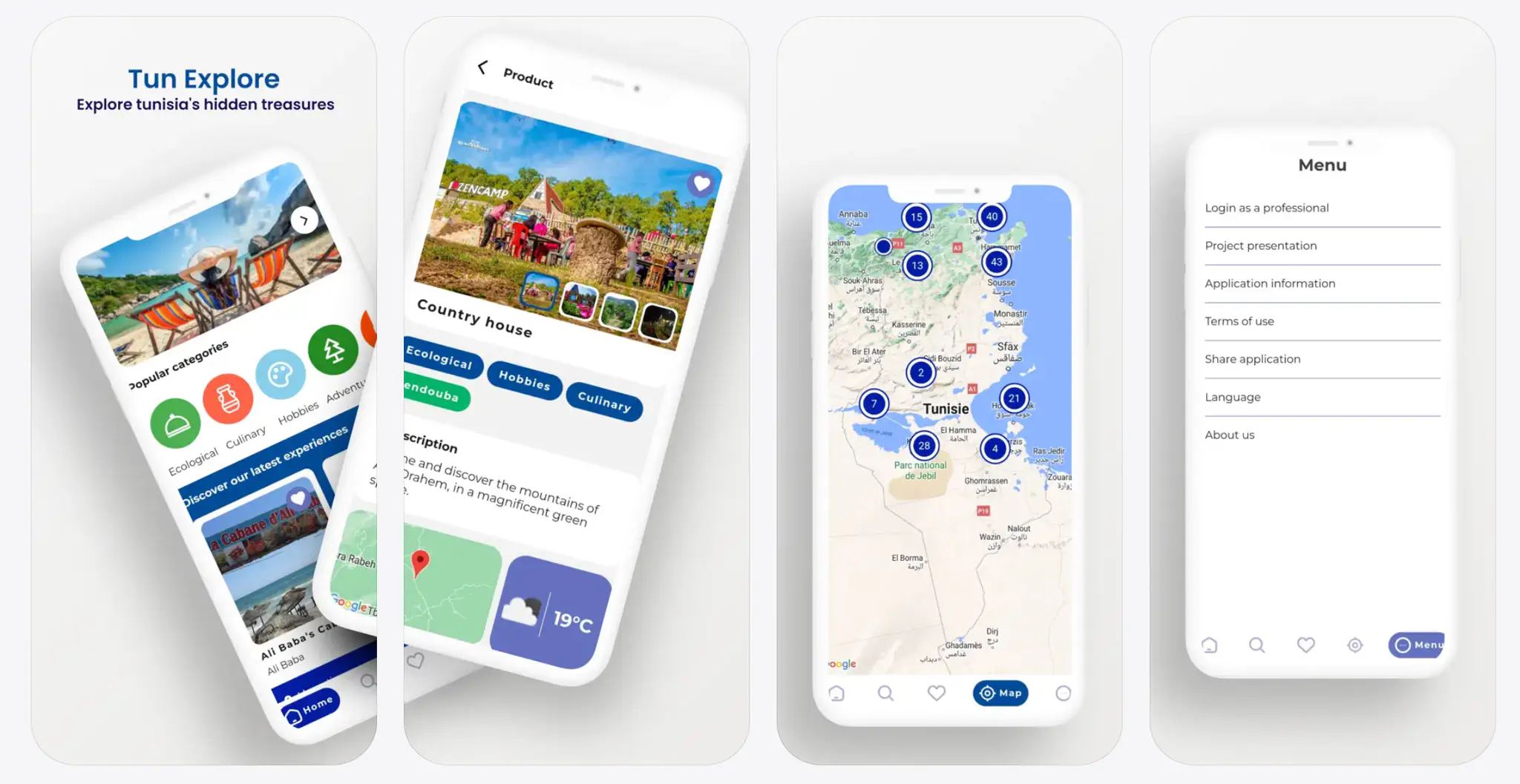 Écrans de l’application TunExplore : catégories, fiche d’un lieu, carte de la Tunisie et menu