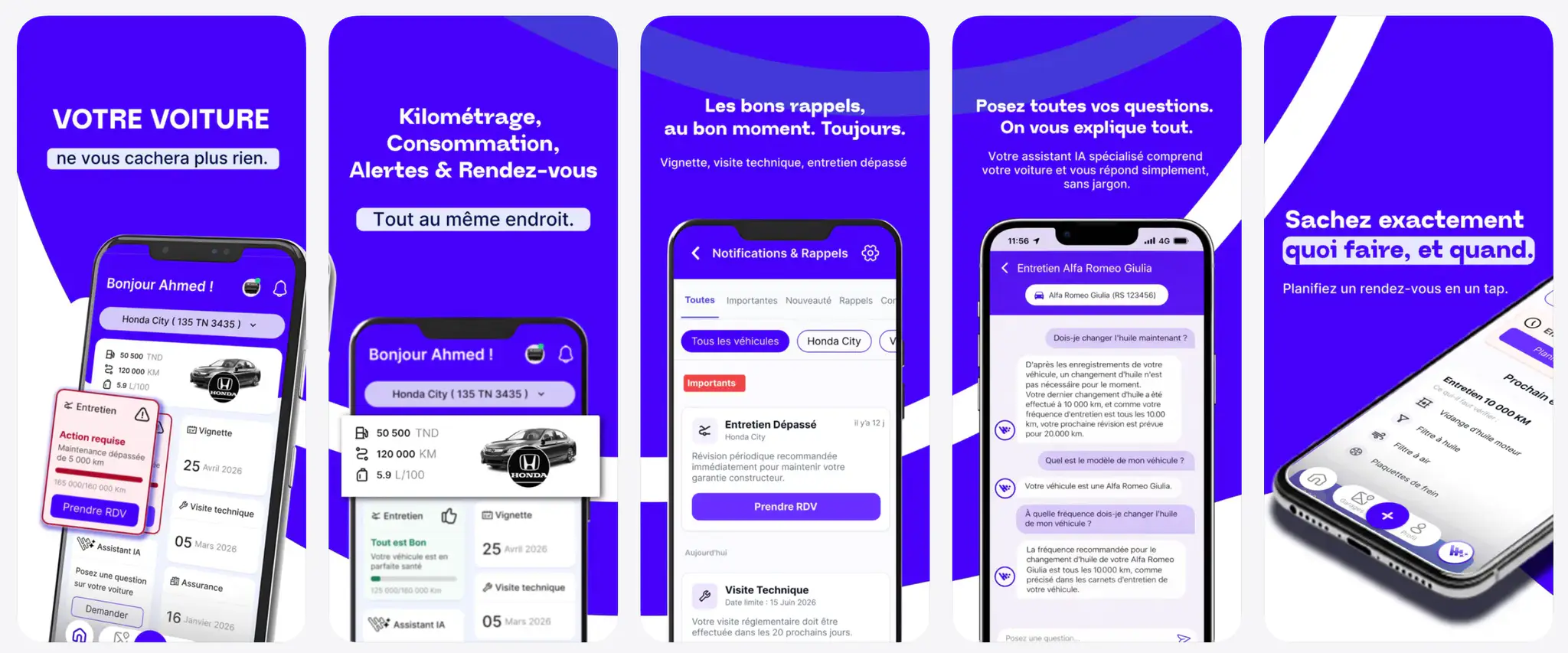 Écrans de l’application WayCare : suivi du véhicule, rappels et assistant IA
