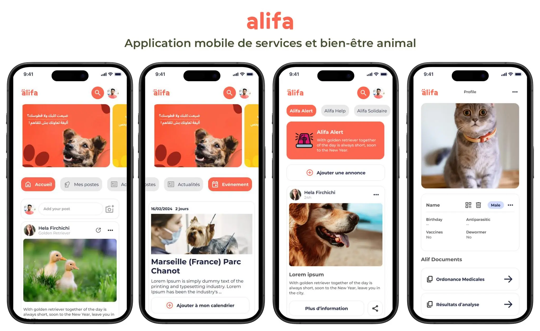 Écrans de l’application Alifa : accueil, événements, alertes et profil d’un animal